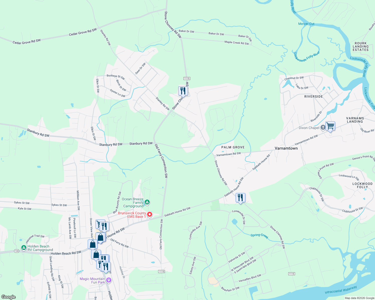 map of restaurants, bars, coffee shops, grocery stores, and more near 679 Stanbury Road Southwest in Supply