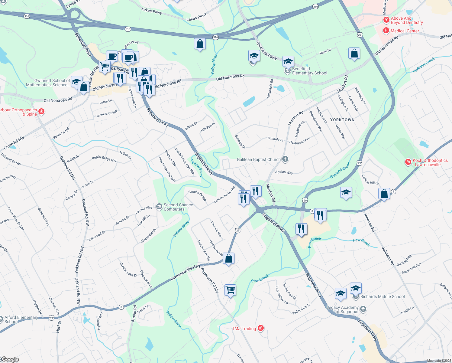 map of restaurants, bars, coffee shops, grocery stores, and more near 4260 Sugarloaf Parkway in Lawrenceville