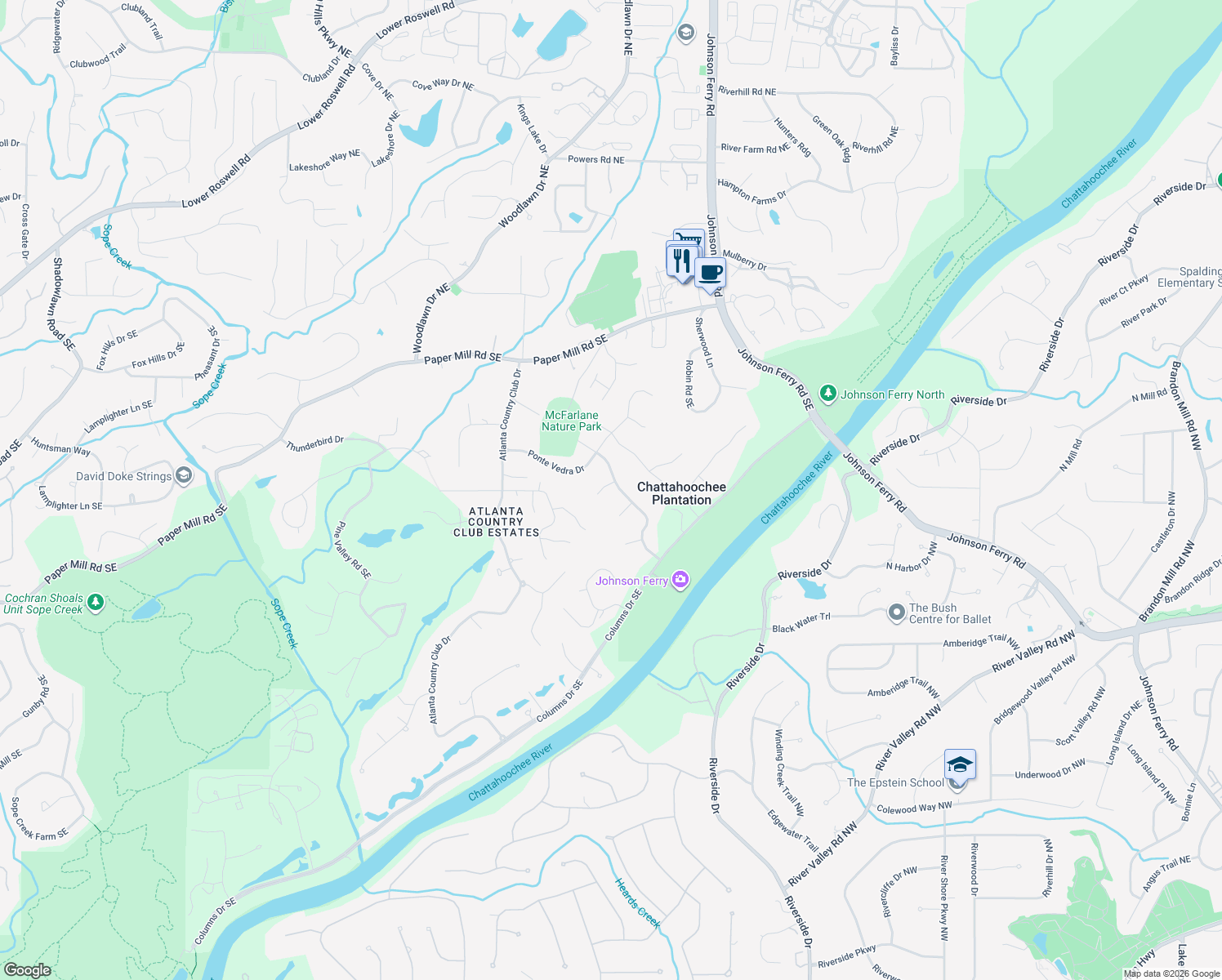 map of restaurants, bars, coffee shops, grocery stores, and more near 4613 Crepe Myrtle Circle Southeast in Marietta