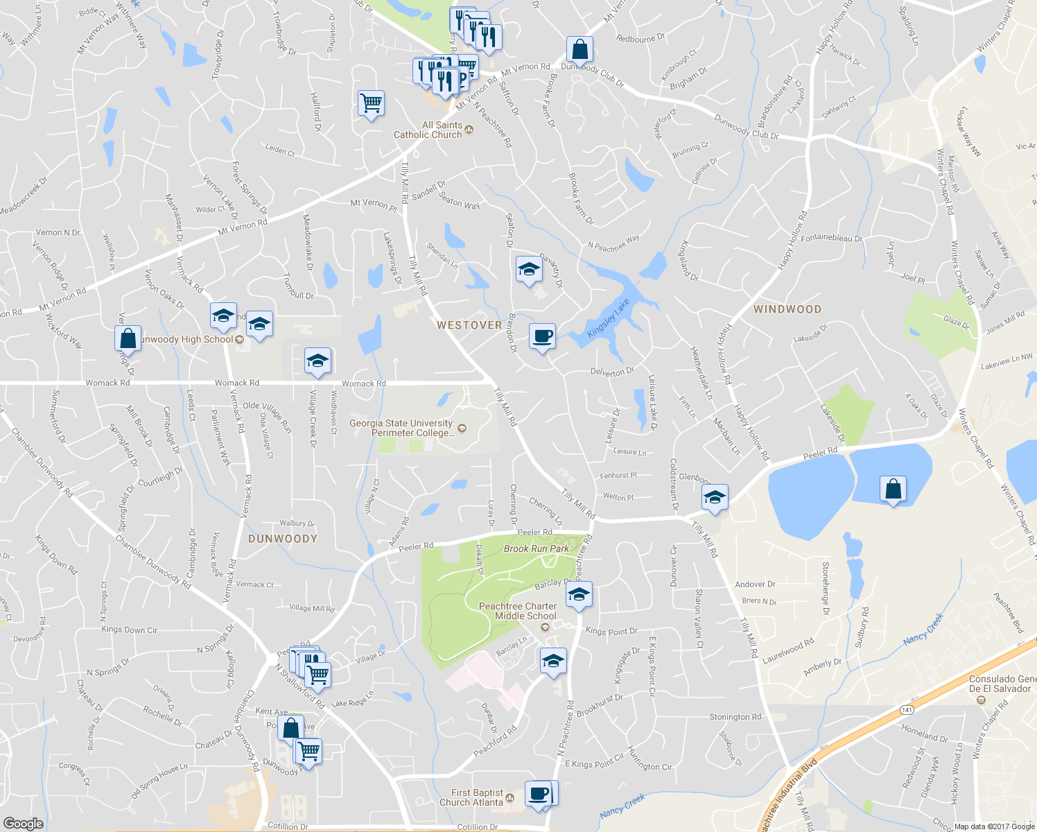 map of restaurants, bars, coffee shops, grocery stores, and more near 5141 Tilly Mill Road in Dunwoody