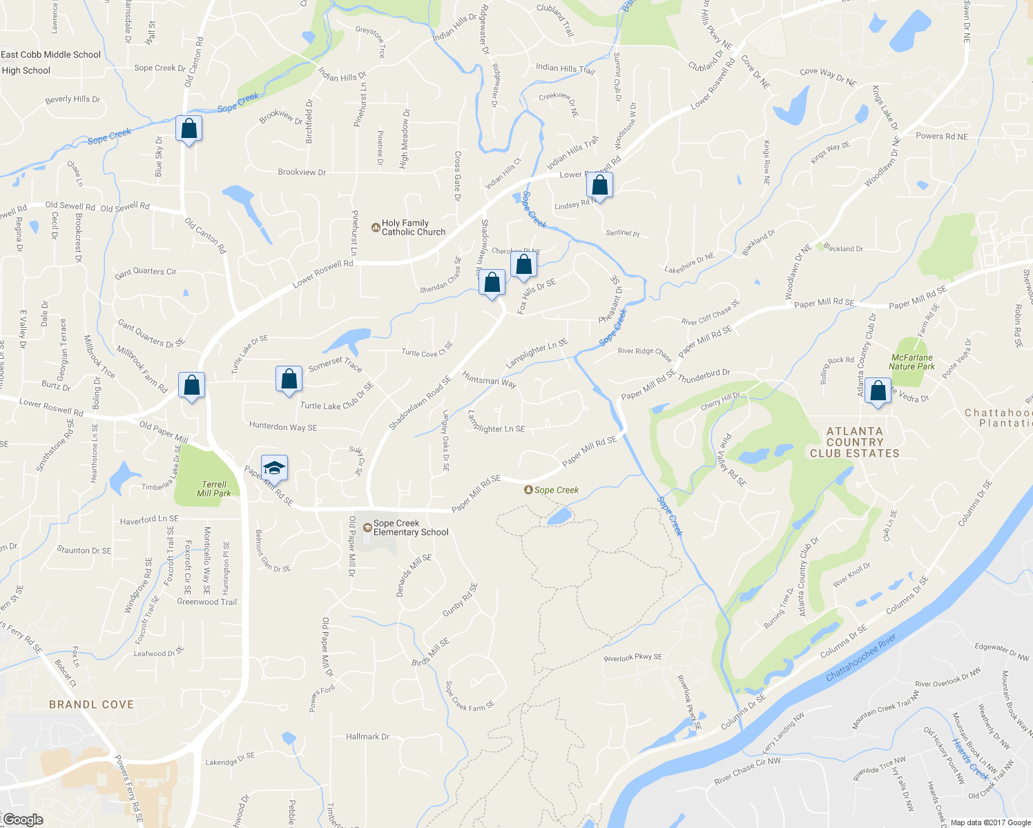 map of restaurants, bars, coffee shops, grocery stores, and more near 410 Huntsman Court Southeast in Marietta