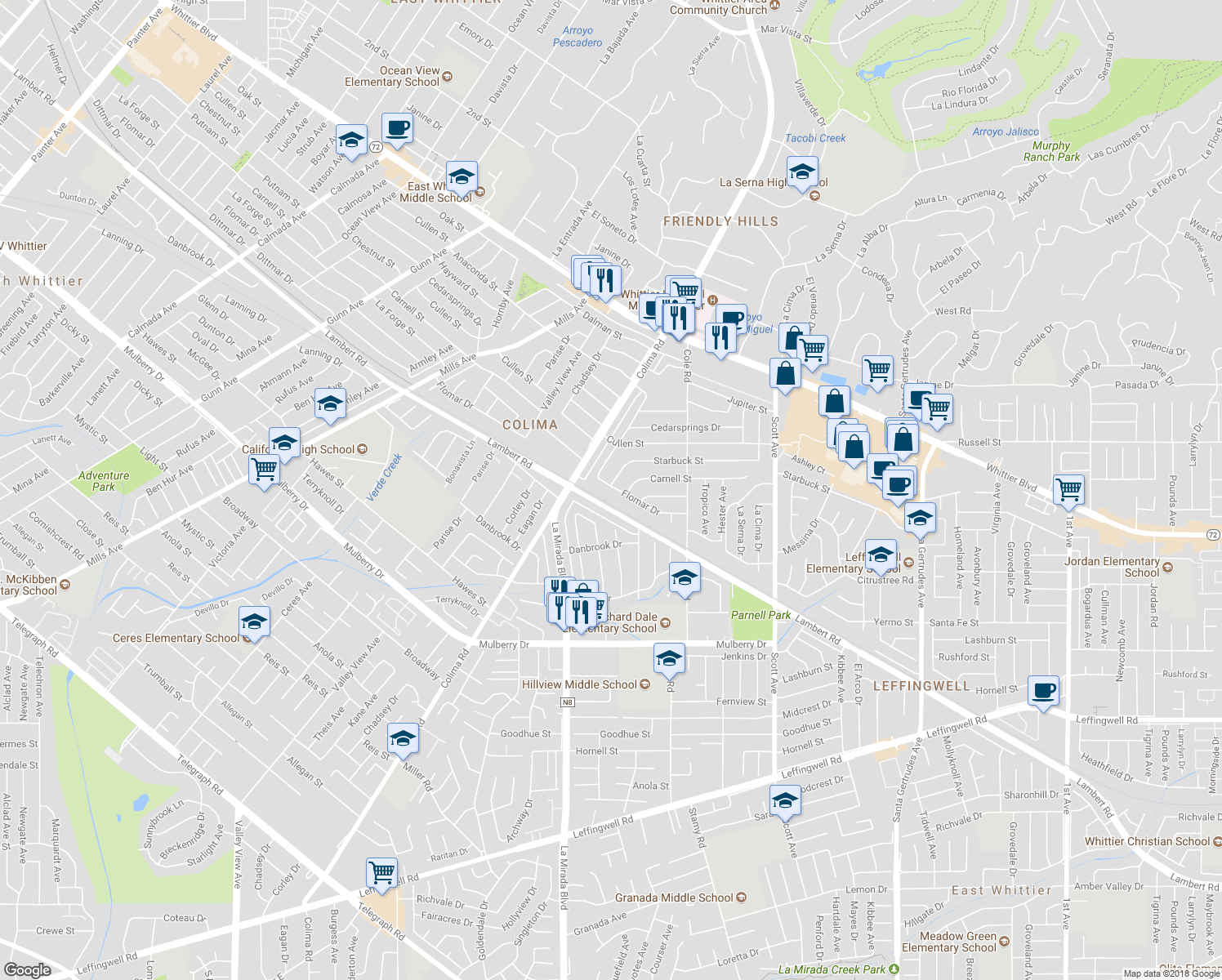 map of restaurants, bars, coffee shops, grocery stores, and more near 14958 Flomar Drive in Whittier
