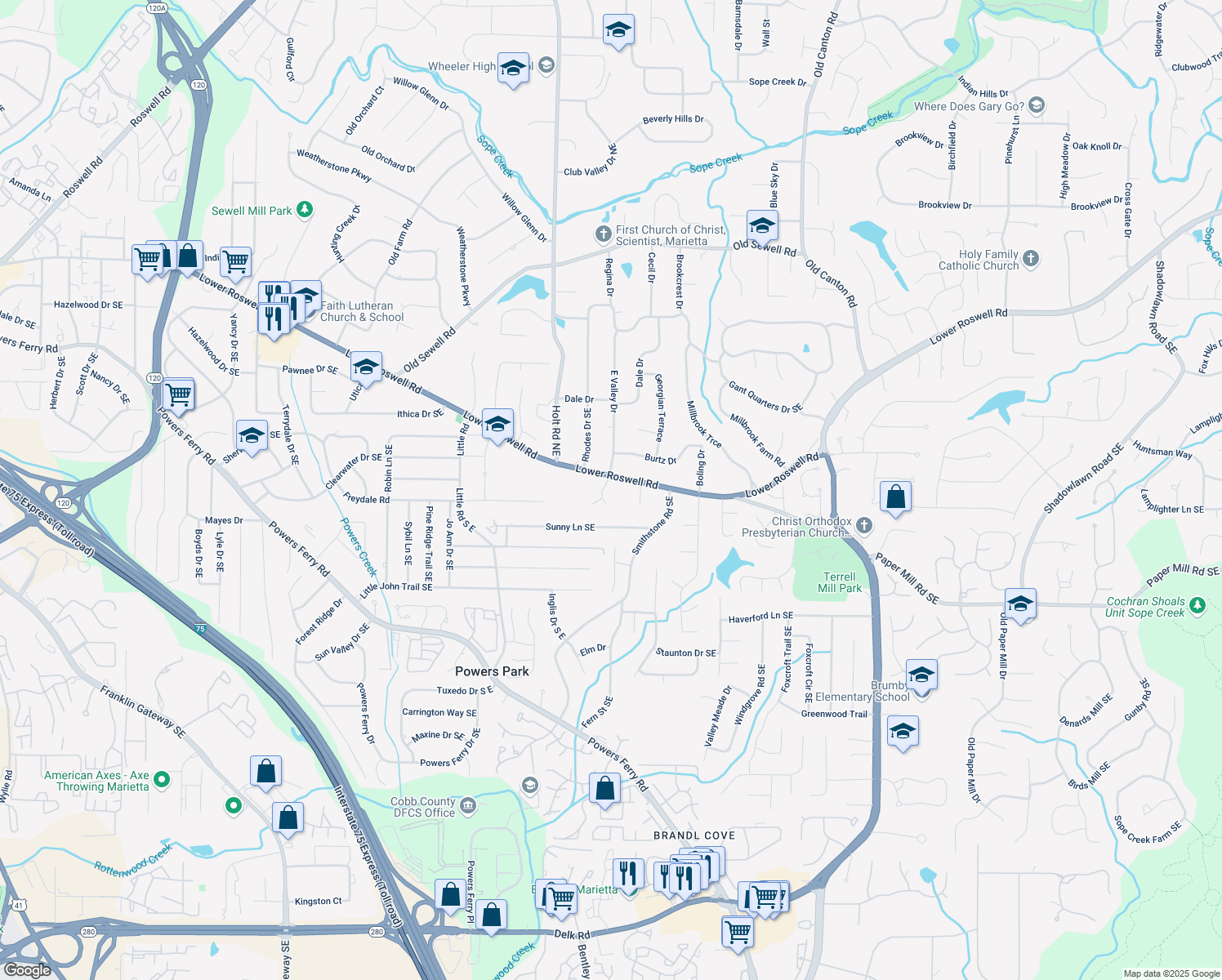 map of restaurants, bars, coffee shops, grocery stores, and more near 511 Pine Springs Trail Southeast in Marietta