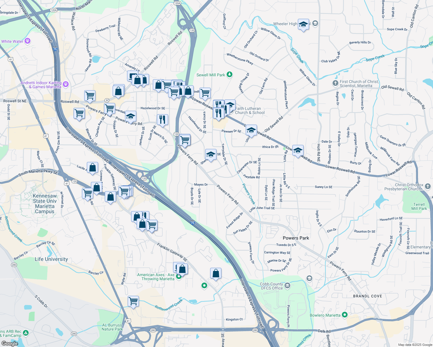 map of restaurants, bars, coffee shops, grocery stores, and more near 2059 Clearwater Drive Southeast in Marietta