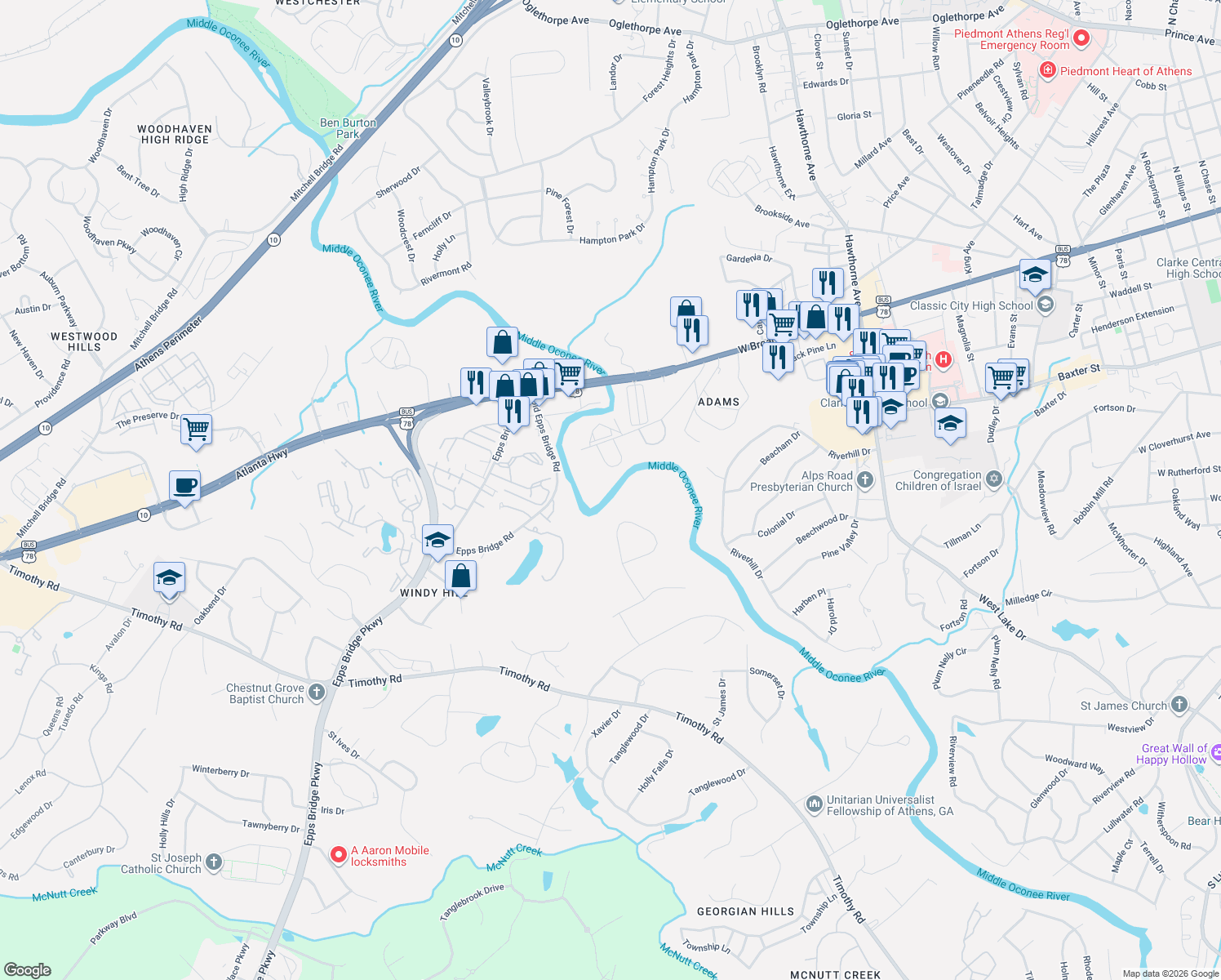 map of restaurants, bars, coffee shops, grocery stores, and more near 220 Hawthorne Park in Athens