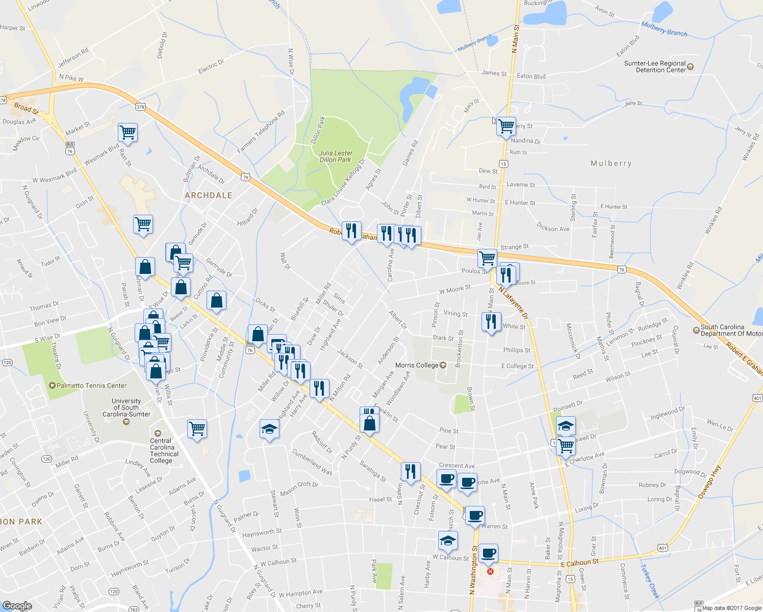map of restaurants, bars, coffee shops, grocery stores, and more near 159 Carolina Avenue in Sumter