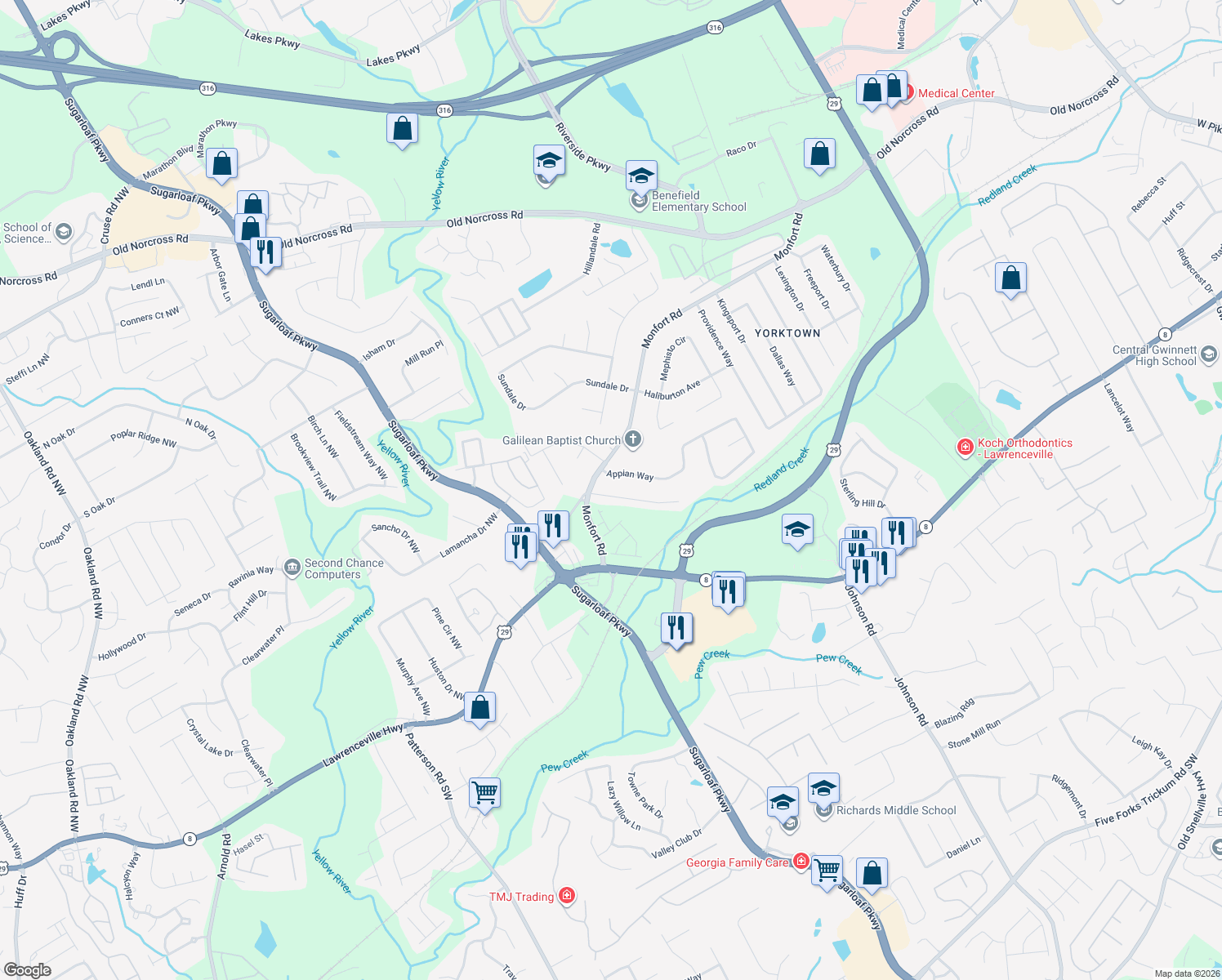 map of restaurants, bars, coffee shops, grocery stores, and more near 1461 Charter Oaks Ln in Lawrenceville