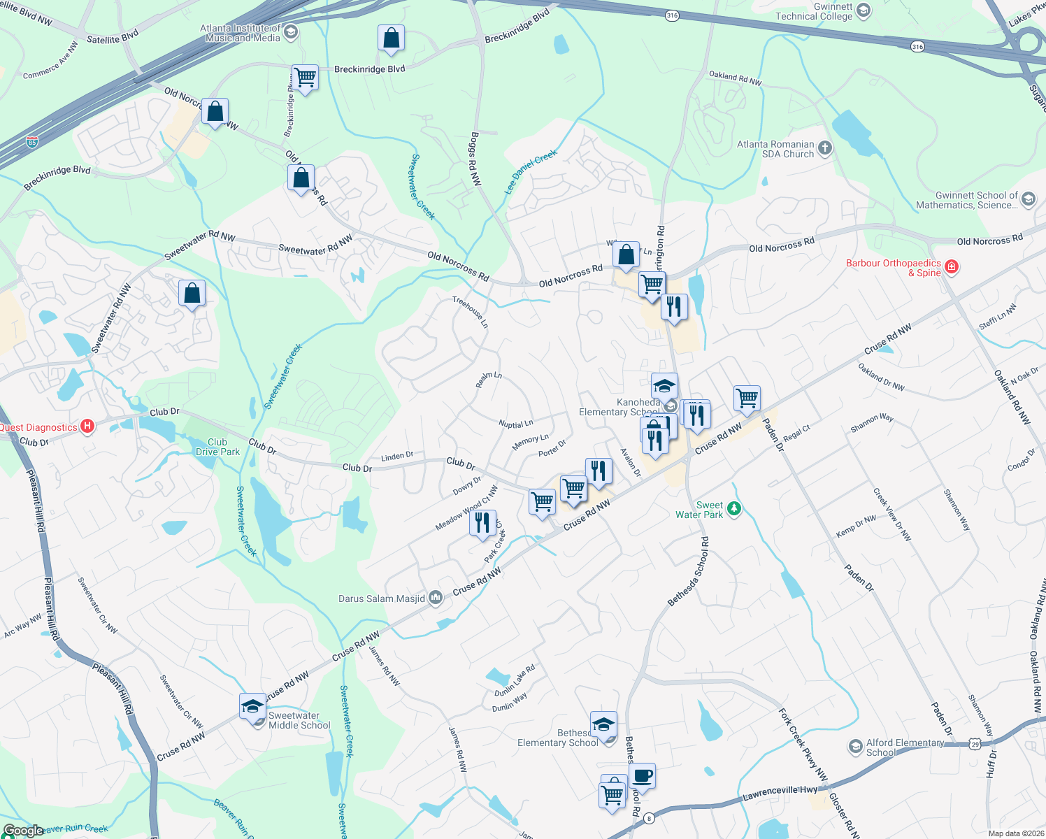 map of restaurants, bars, coffee shops, grocery stores, and more near 2867 Nuptial Lane in Lawrenceville