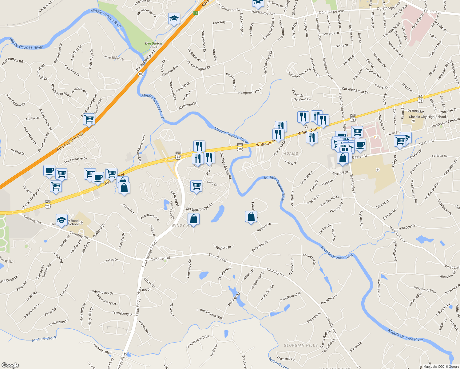 map of restaurants, bars, coffee shops, grocery stores, and more near 413 Old Epps Bridge Road in Athens