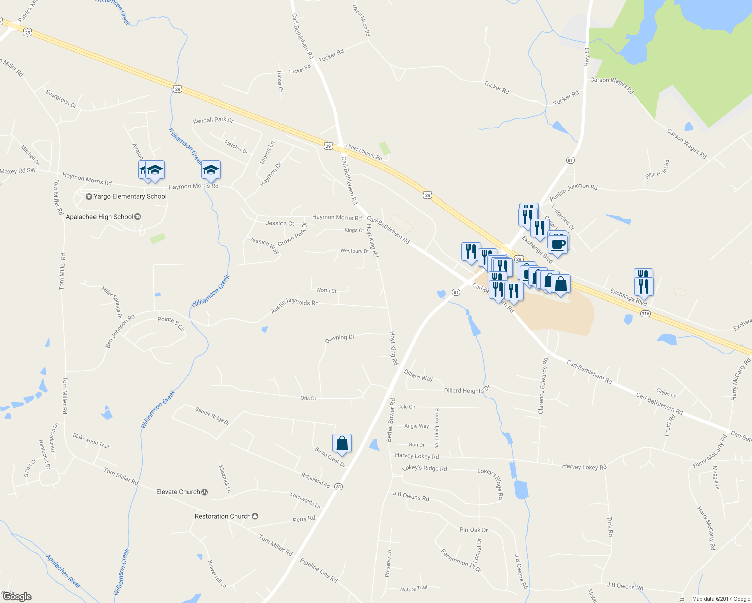 map of restaurants, bars, coffee shops, grocery stores, and more near 587 Hoyt King Road in Bethlehem
