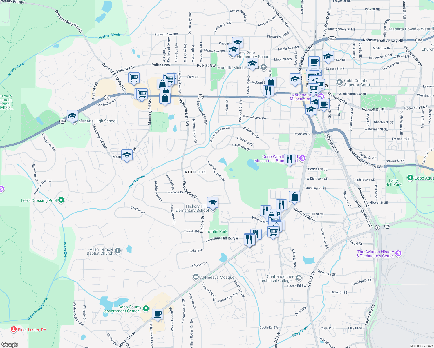 map of restaurants, bars, coffee shops, grocery stores, and more near 399 South Woodland Dr SW in Marietta