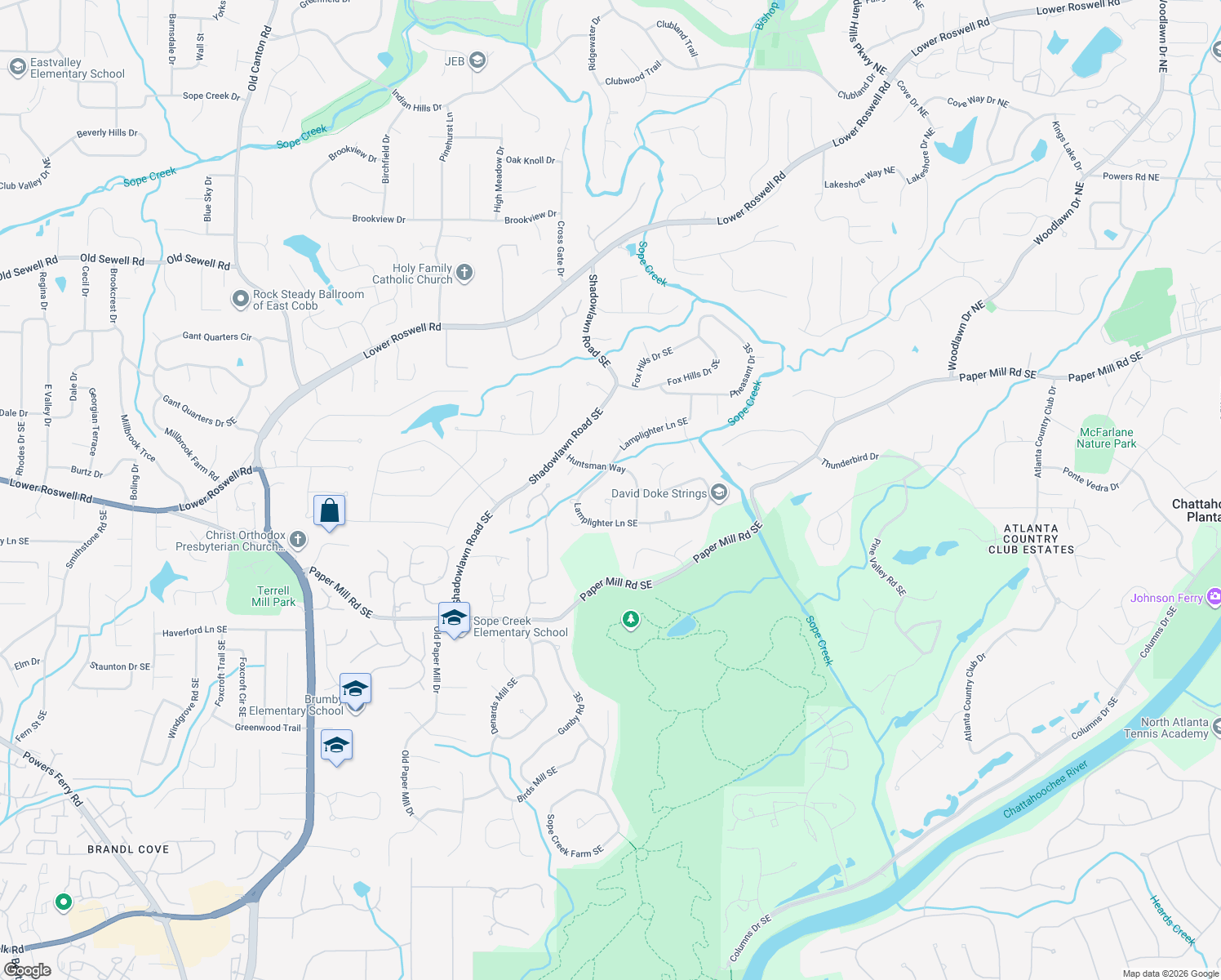 map of restaurants, bars, coffee shops, grocery stores, and more near 408 Pebblestone Circle Southeast in Marietta
