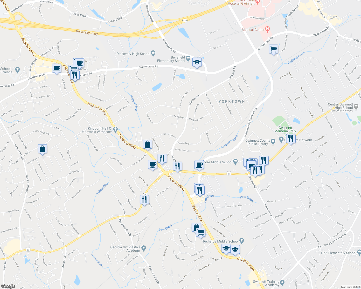 map of restaurants, bars, coffee shops, grocery stores, and more near 1470 Appian Way in Lawrenceville