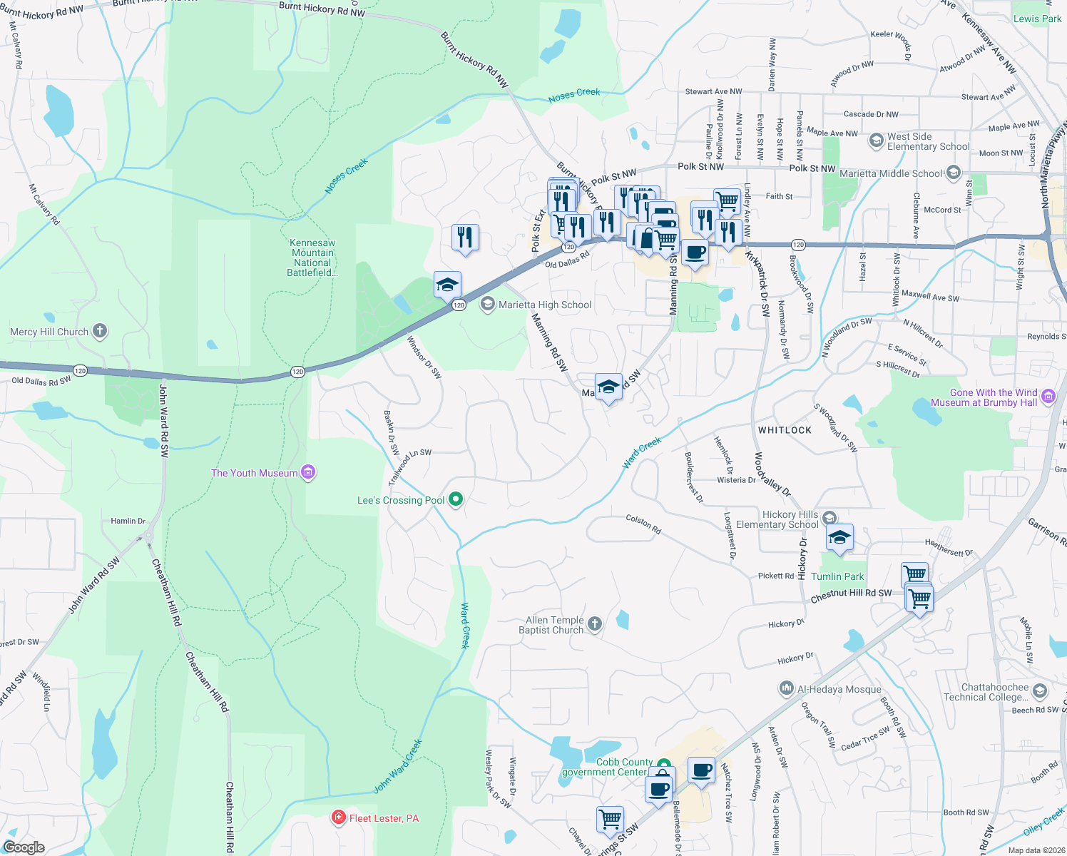 map of restaurants, bars, coffee shops, grocery stores, and more near 432 Rockford Pass Southwest in Marietta
