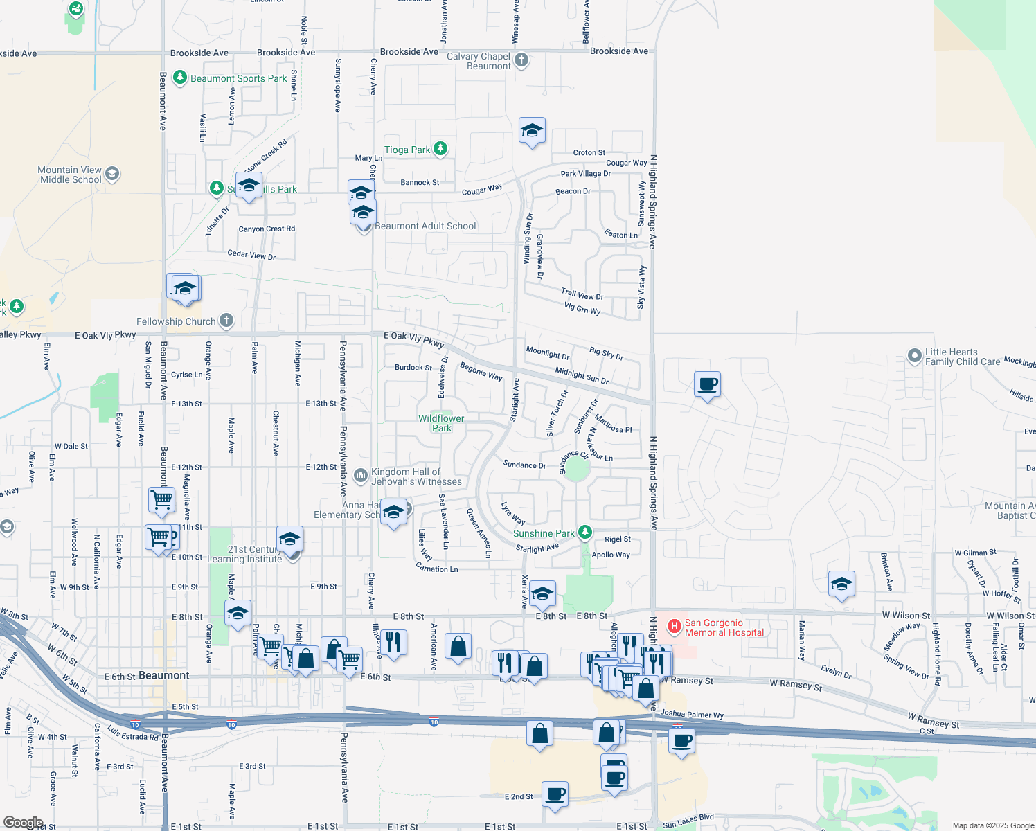 map of restaurants, bars, coffee shops, grocery stores, and more near 1281 Early Blue Lane in Beaumont