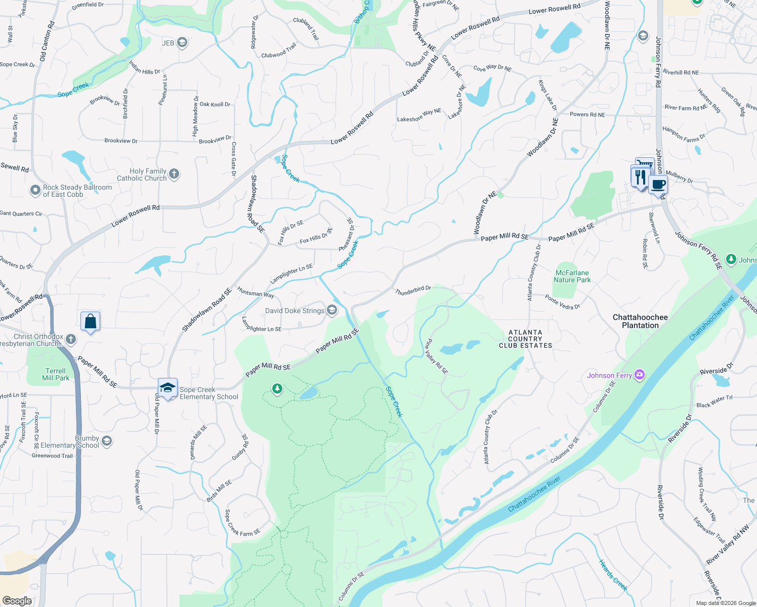 map of restaurants, bars, coffee shops, grocery stores, and more near 4050 Paper Mill Road Southeast in Marietta
