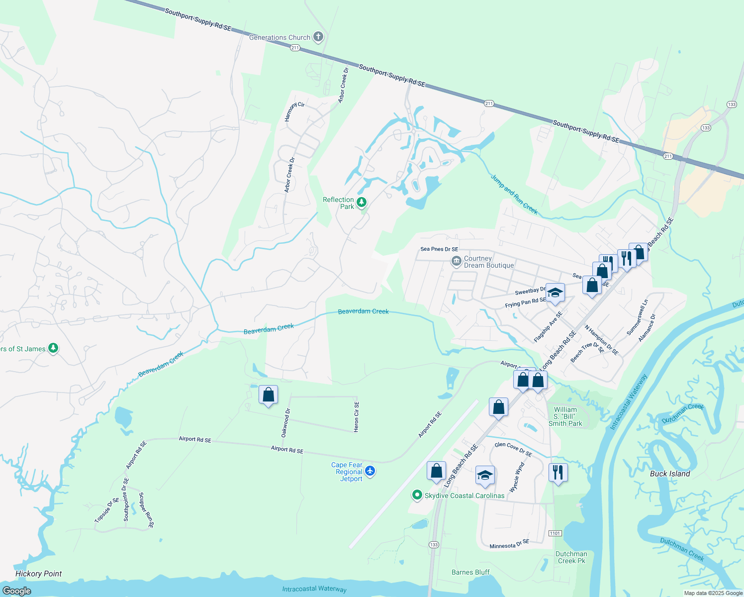 map of restaurants, bars, coffee shops, grocery stores, and more near 3749 Players Club Drive Southeast in Southport