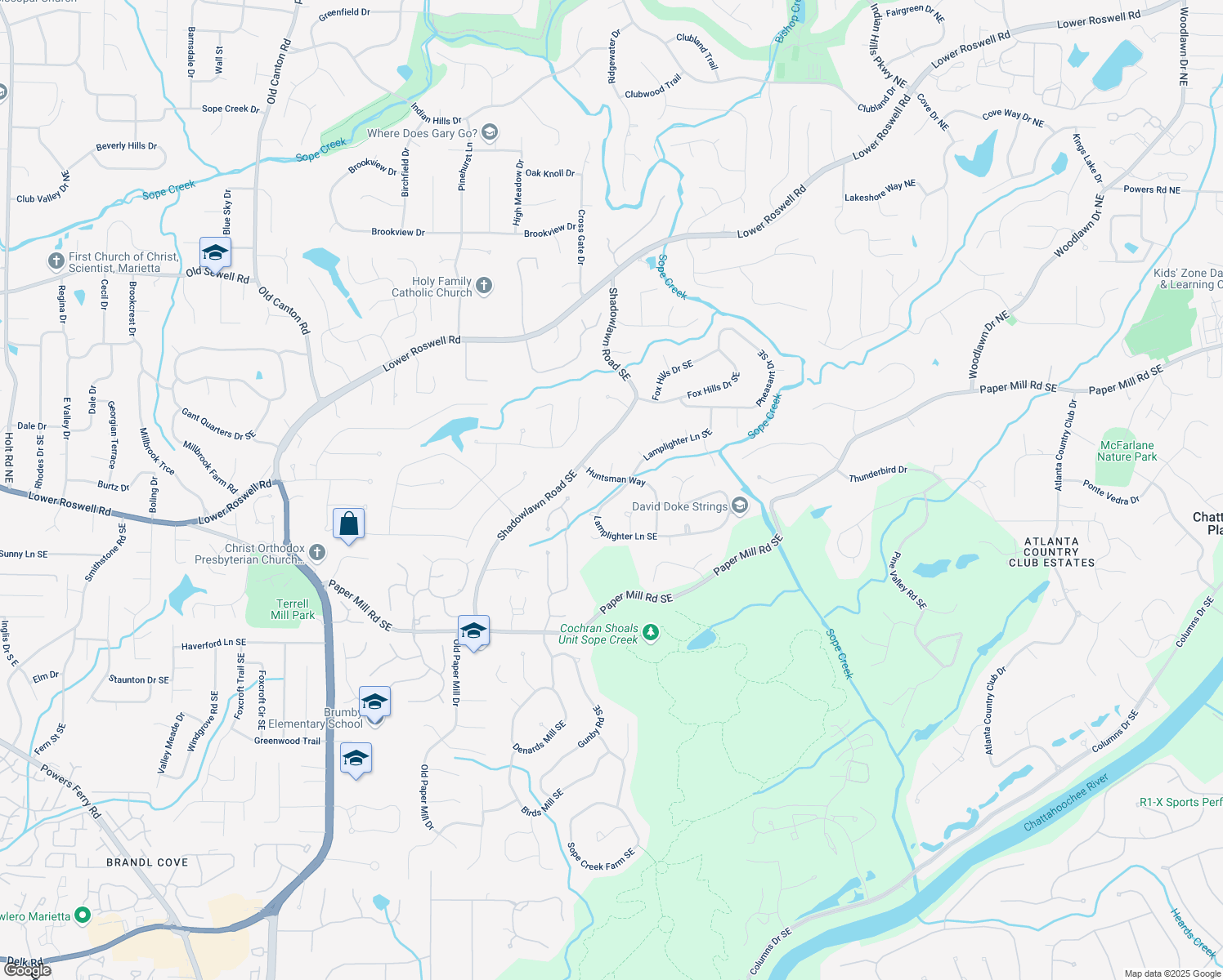 map of restaurants, bars, coffee shops, grocery stores, and more near 260 Lamplighter Lane Southeast in Marietta