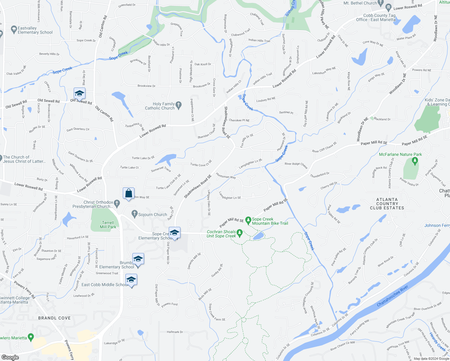 map of restaurants, bars, coffee shops, grocery stores, and more near 260 Lamplighter Lane Southeast in Marietta