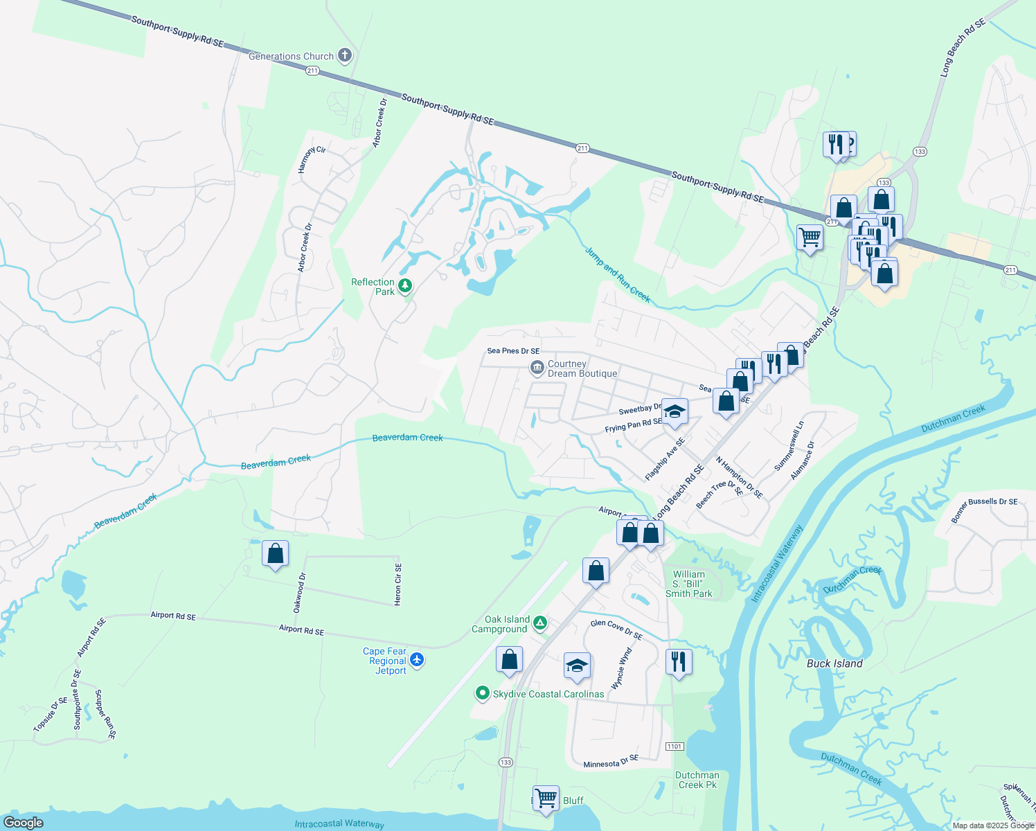 map of restaurants, bars, coffee shops, grocery stores, and more near 4224 Cherry Laurel Lane Southeast in Southport