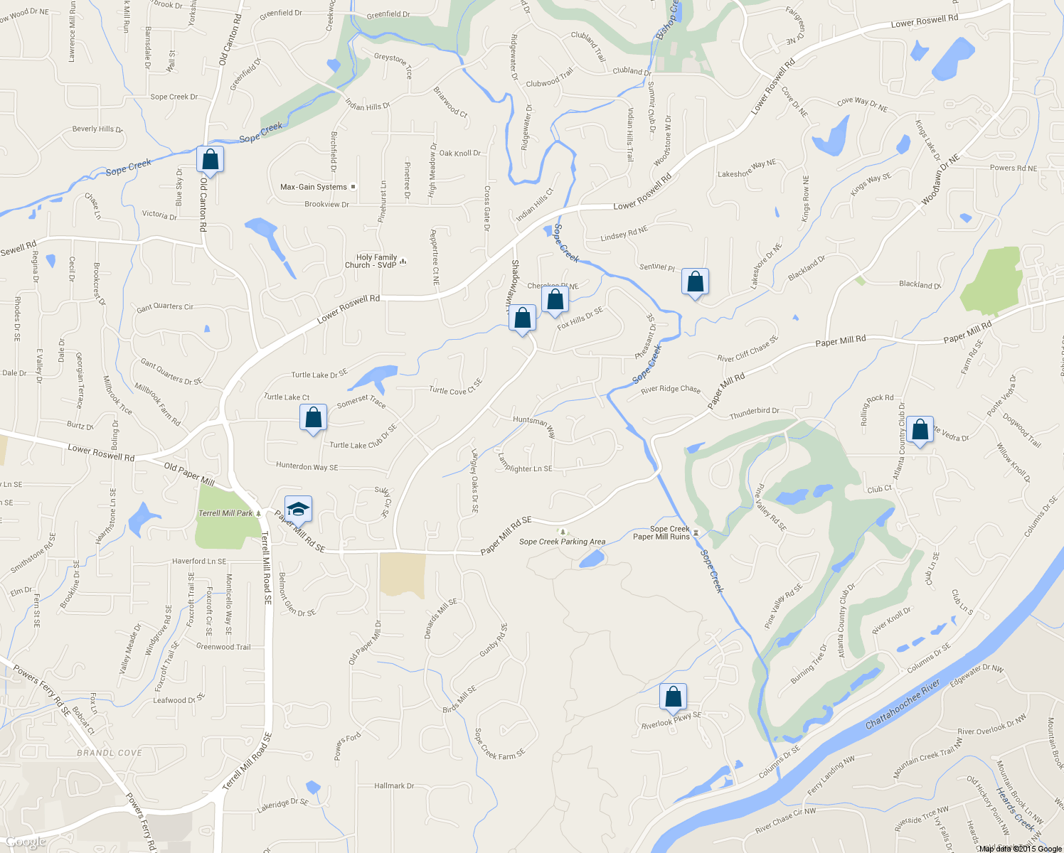 map of restaurants, bars, coffee shops, grocery stores, and more near 340 Huntsman Way in Marietta