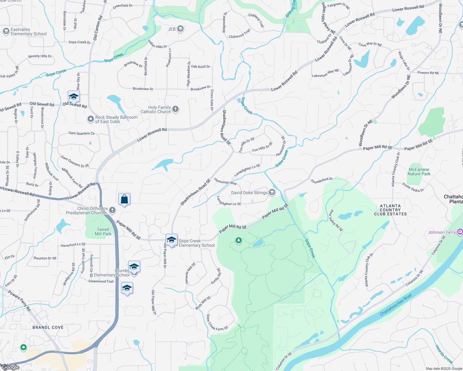 map of restaurants, bars, coffee shops, grocery stores, and more near 340 Huntsman Way in Marietta