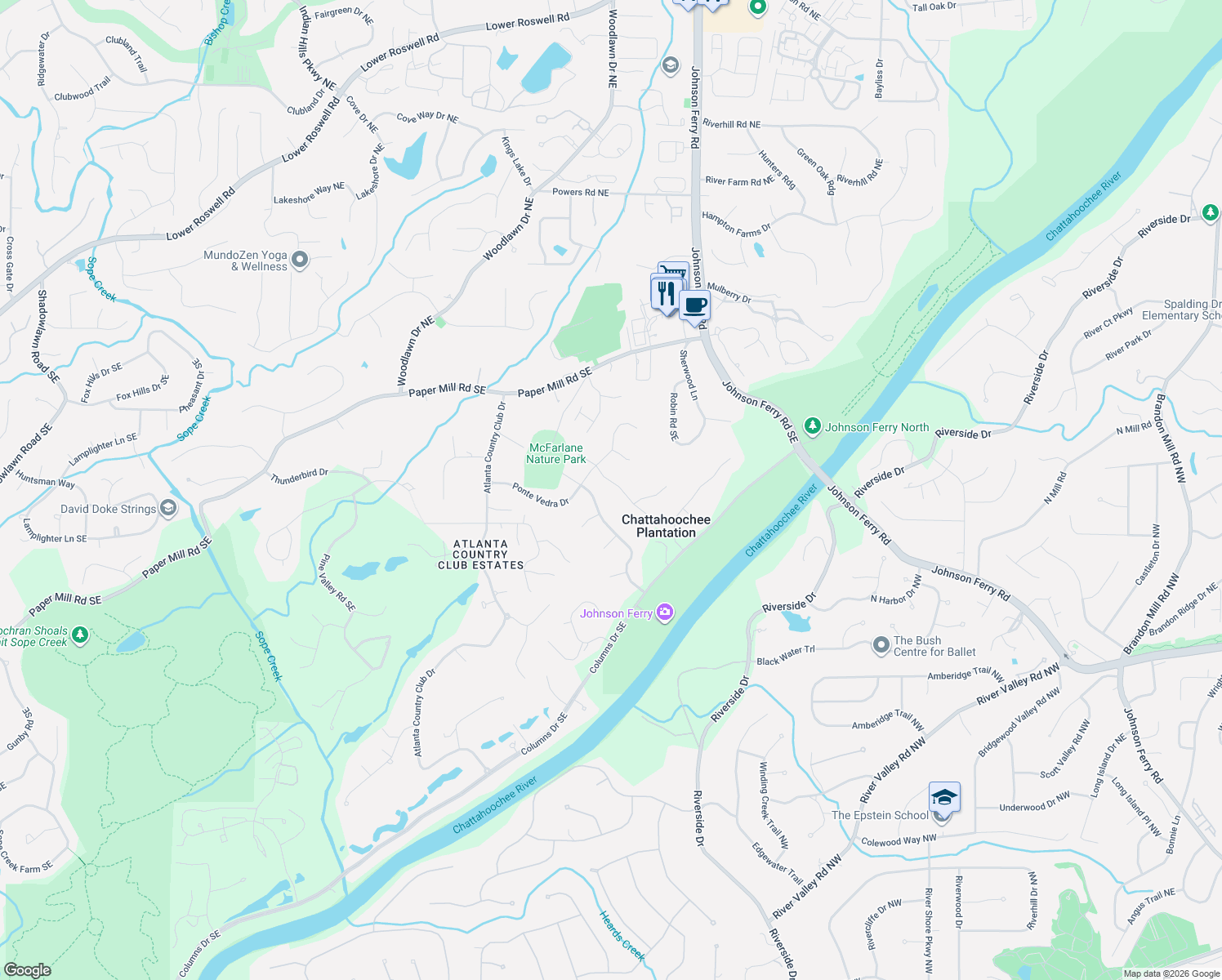 map of restaurants, bars, coffee shops, grocery stores, and more near 4620 Ponte Vedra Drive in Marietta