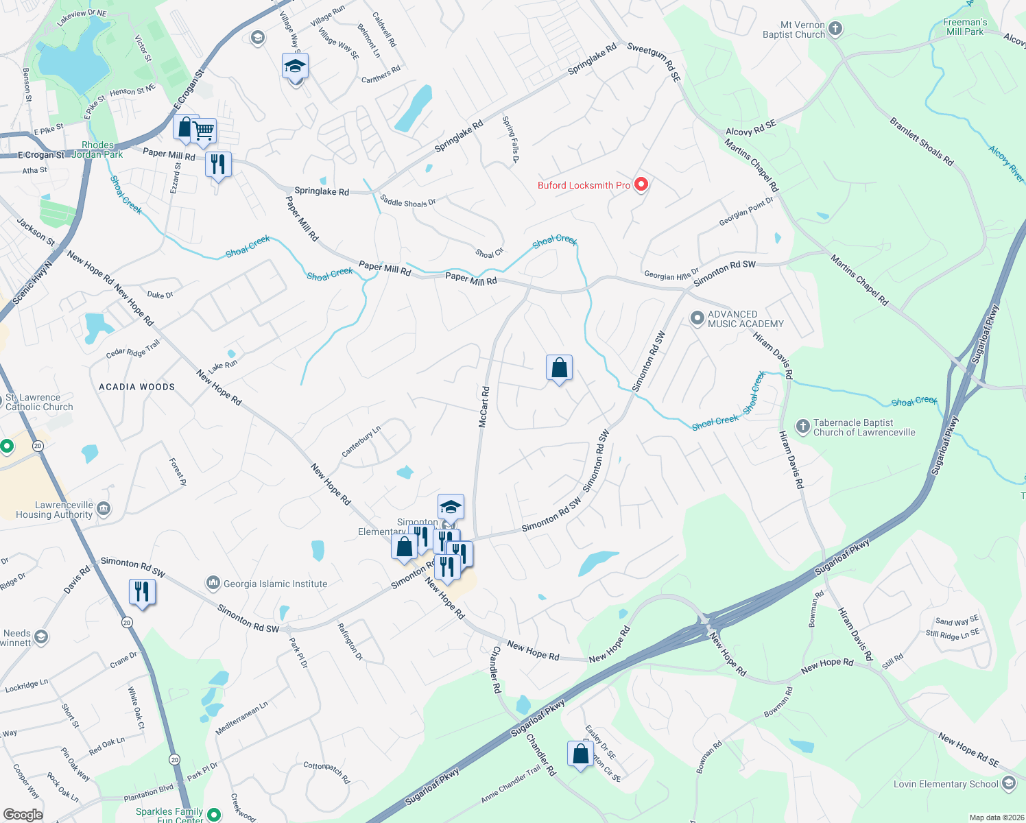 map of restaurants, bars, coffee shops, grocery stores, and more near 942 Waldwick Drive in Lawrenceville