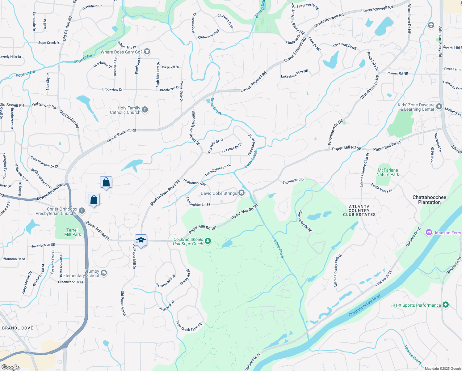 map of restaurants, bars, coffee shops, grocery stores, and more near 380 Lamplighter Lane Southeast in Marietta