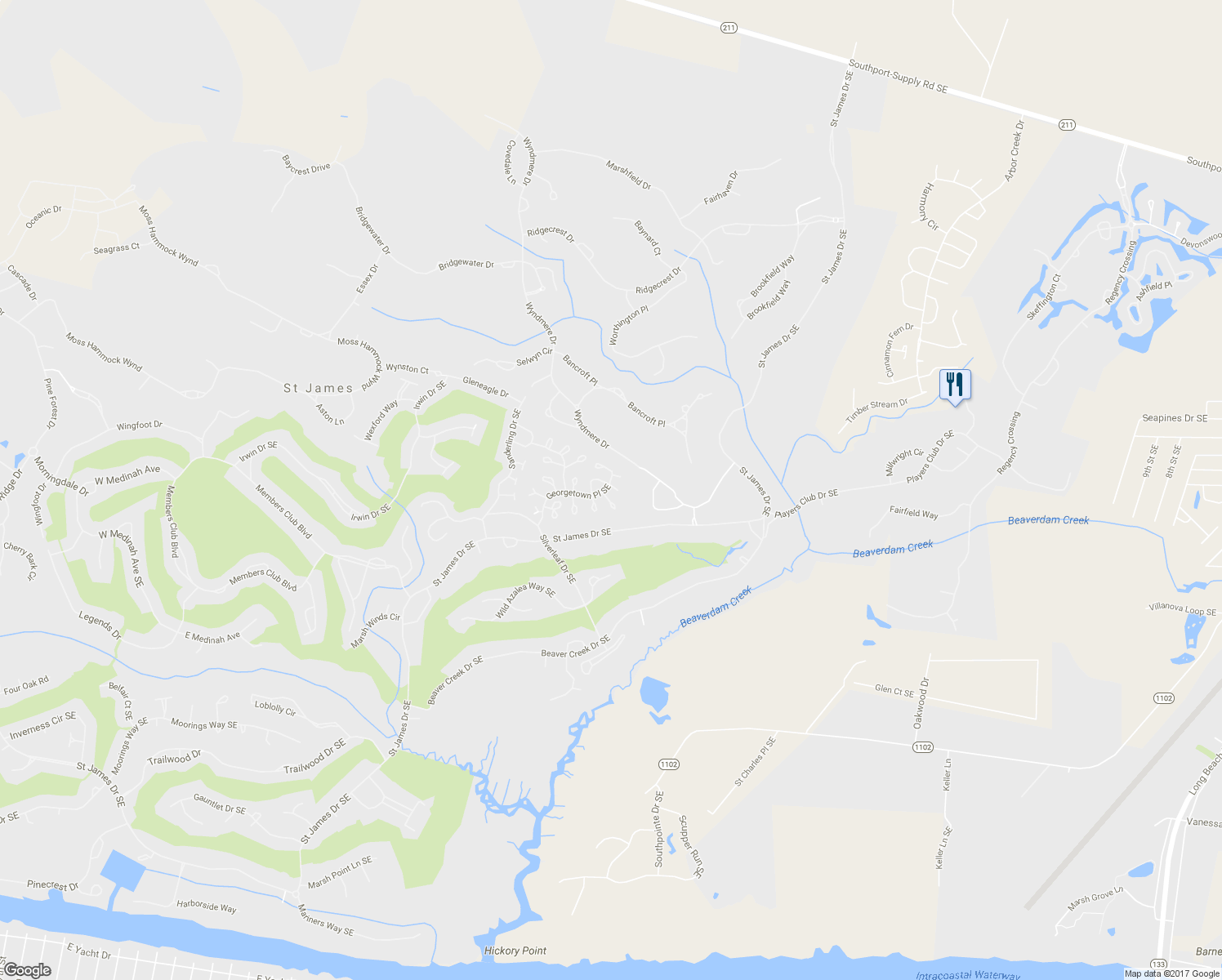 map of restaurants, bars, coffee shops, grocery stores, and more near 4151 Bedford Way in Southport