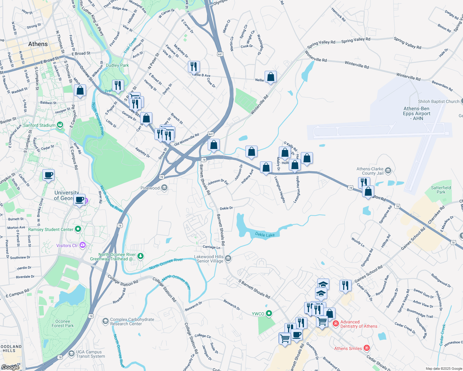 map of restaurants, bars, coffee shops, grocery stores, and more near 185 Johnson Drive in Athens