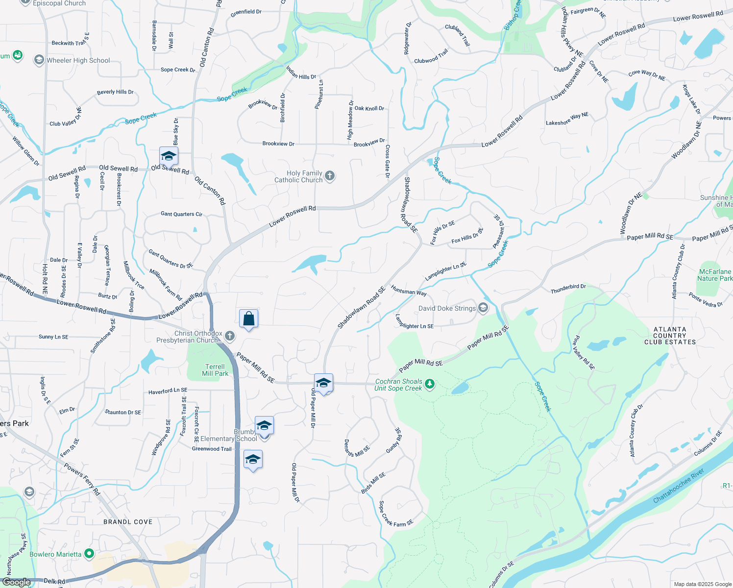 map of restaurants, bars, coffee shops, grocery stores, and more near 370 Shadowlawn Rd SE in Marietta