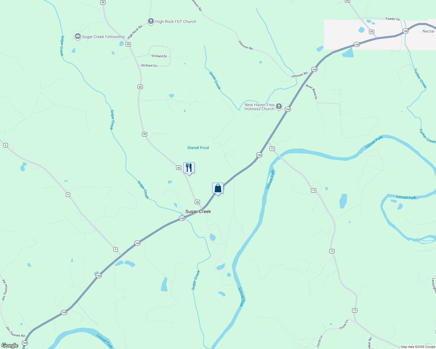 map of restaurants, bars, coffee shops, grocery stores, and more near 11265 Alabama 160 in Hayden