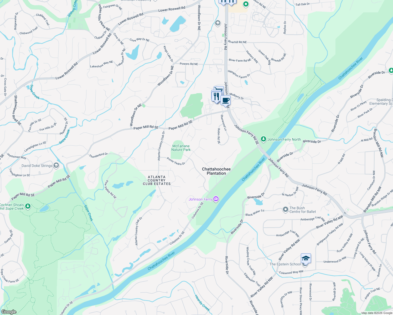 map of restaurants, bars, coffee shops, grocery stores, and more near 345 Dogwood Trail in Marietta