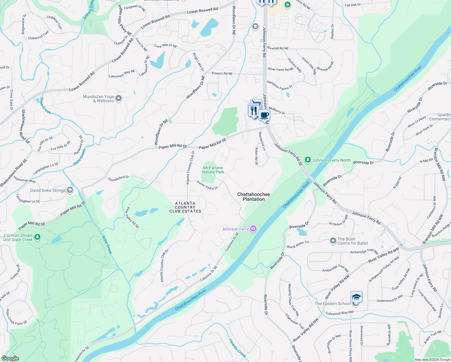 map of restaurants, bars, coffee shops, grocery stores, and more near 4620 Ponte Vedra Drive in Marietta