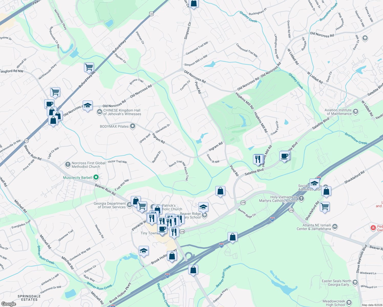 map of restaurants, bars, coffee shops, grocery stores, and more near 2252 Ingram Road in Duluth