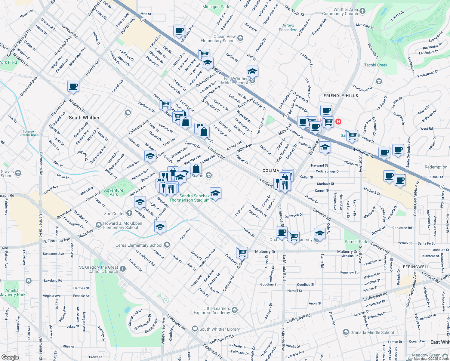 map of restaurants, bars, coffee shops, grocery stores, and more near 14602 Danbrook Drive in Whittier