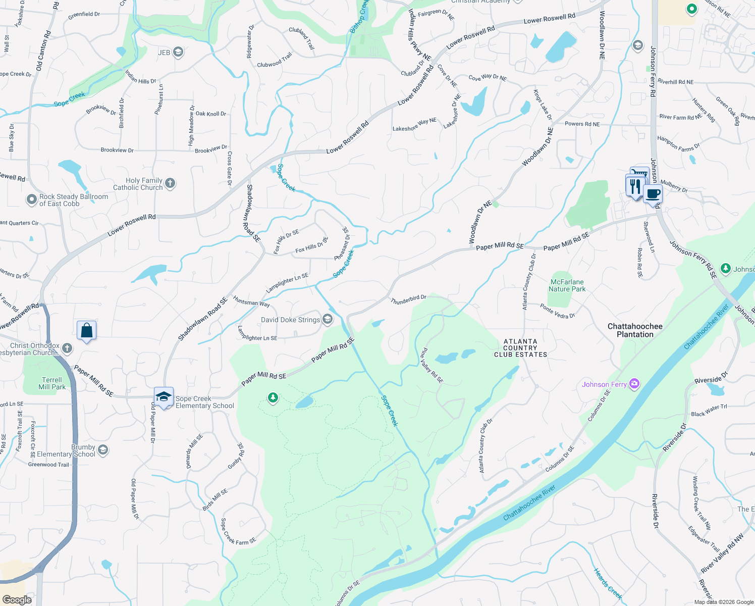 map of restaurants, bars, coffee shops, grocery stores, and more near 4050 Paper Mill Road Southeast in Marietta