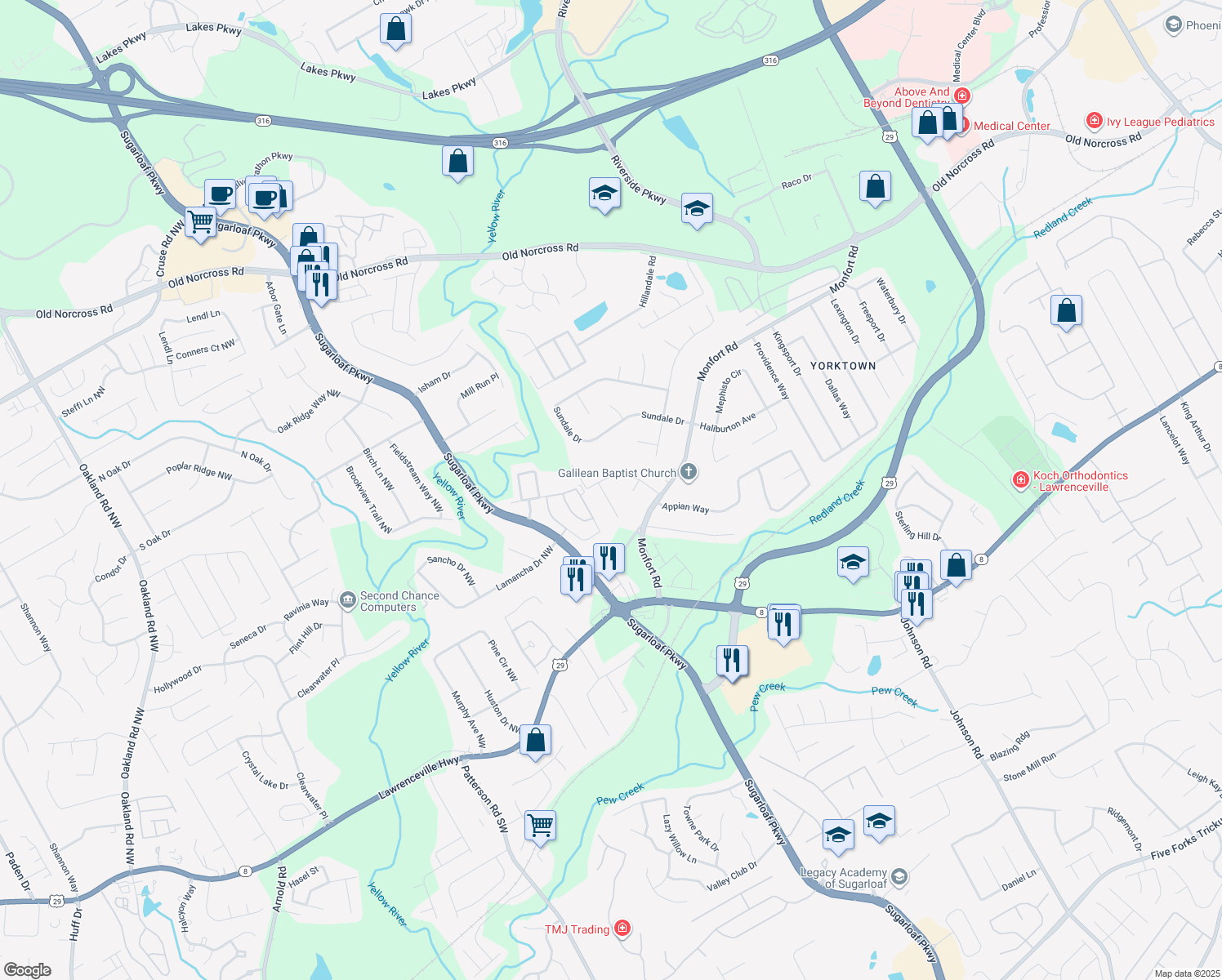 map of restaurants, bars, coffee shops, grocery stores, and more near 367 Rockland Way in Lawrenceville