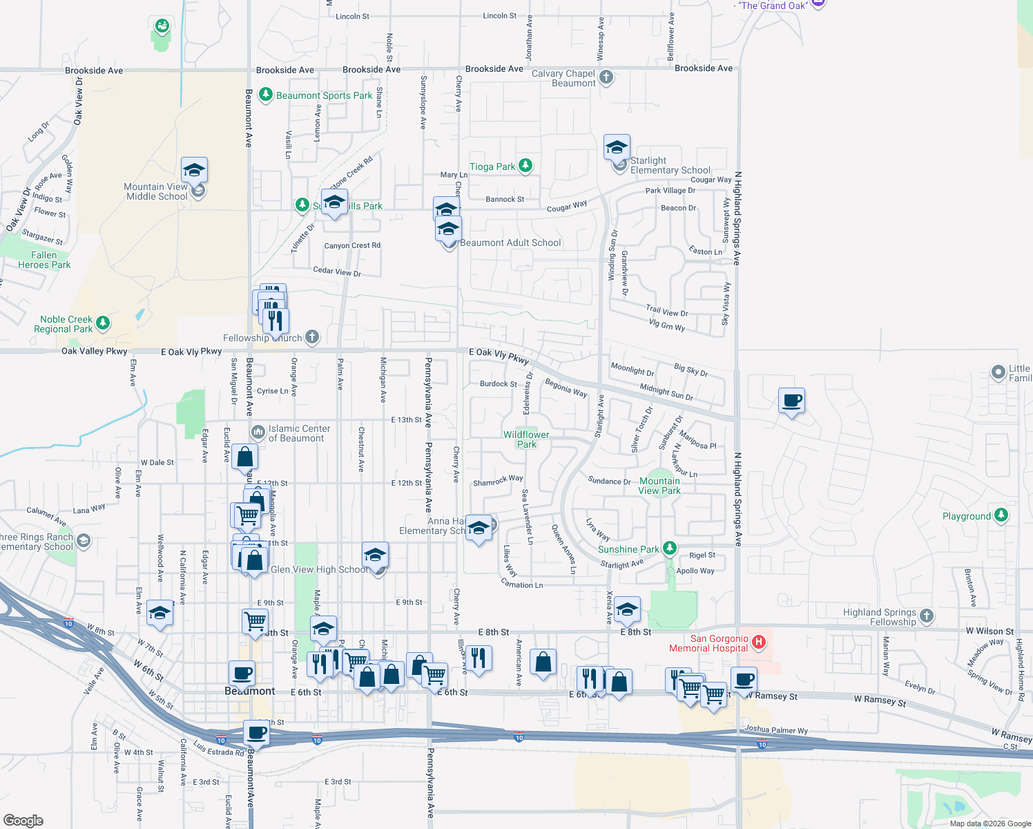 map of restaurants, bars, coffee shops, grocery stores, and more near 1334 Barbetty Way in Beaumont