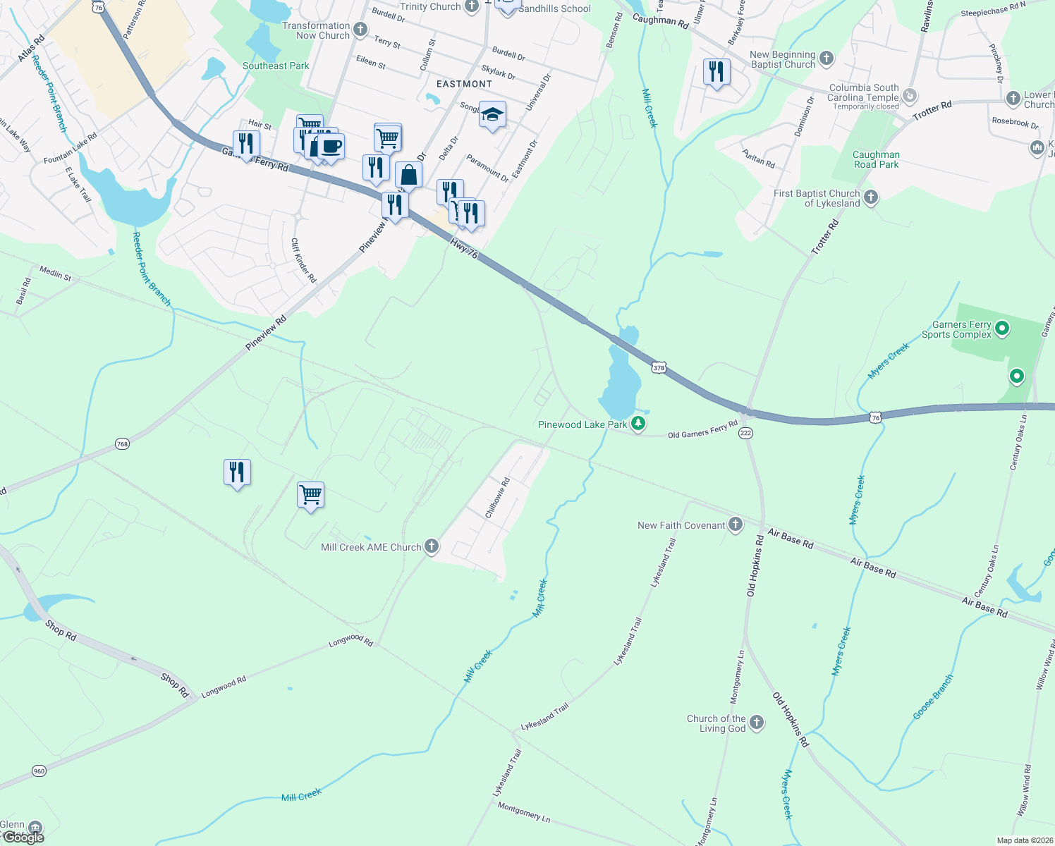 map of restaurants, bars, coffee shops, grocery stores, and more near 1050 Old Garners Ferry Road in Columbia