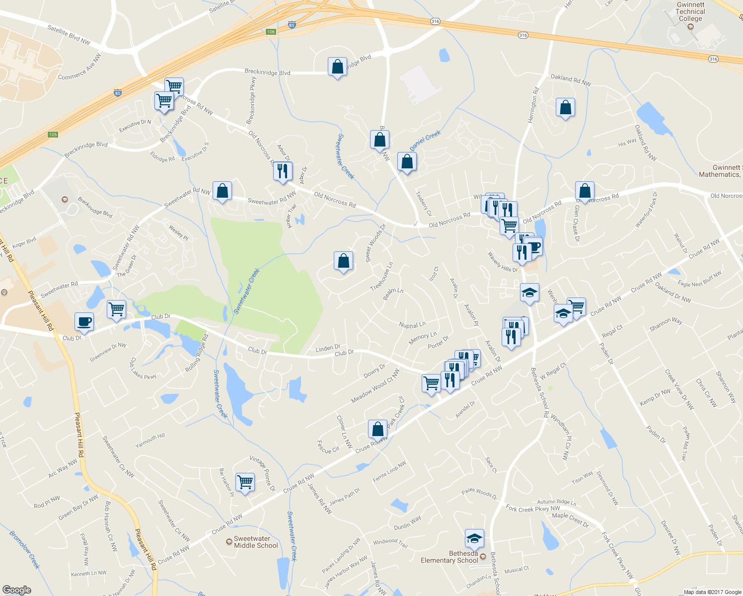 map of restaurants, bars, coffee shops, grocery stores, and more near 3067 Nuptial Lane in Lawrenceville