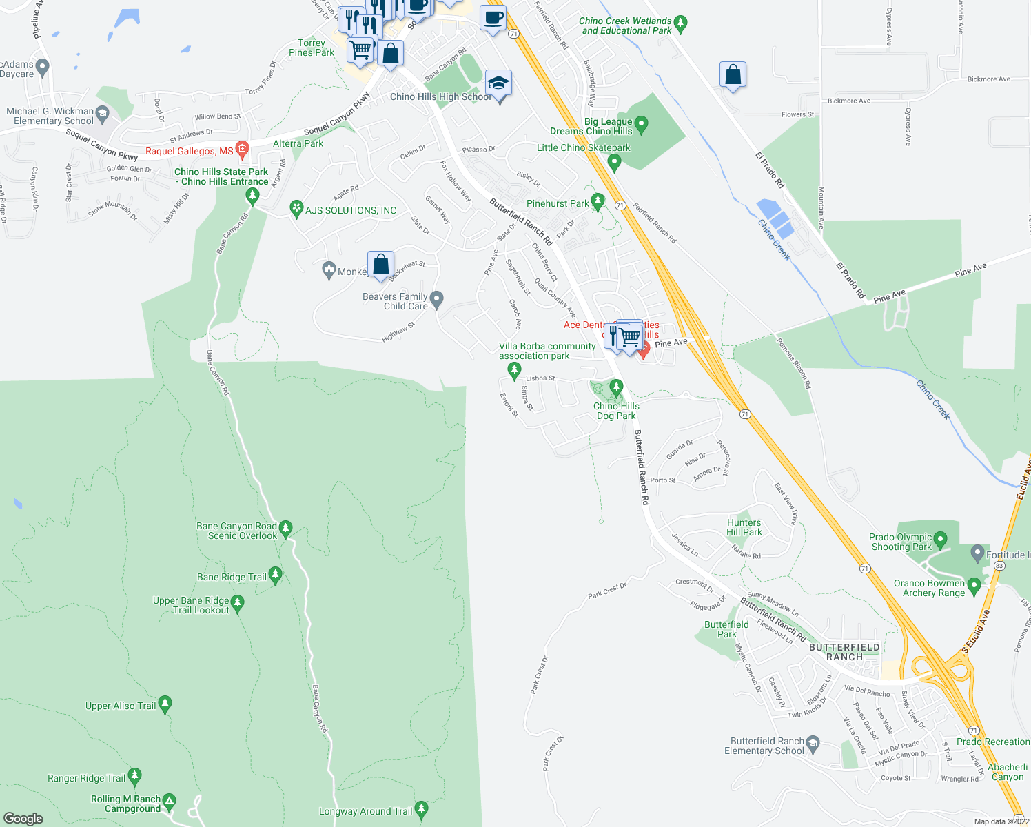 map of restaurants, bars, coffee shops, grocery stores, and more near 17065 Estoril Street in Chino Hills