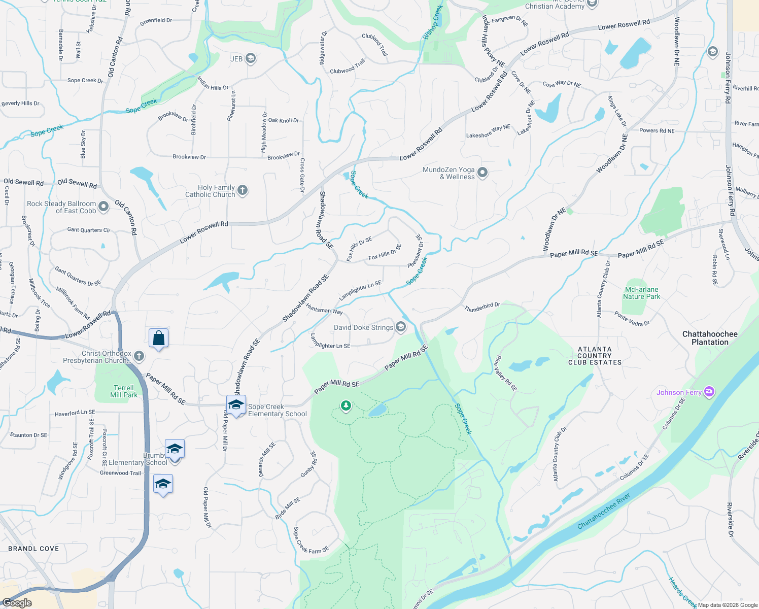 map of restaurants, bars, coffee shops, grocery stores, and more near 231 Lamplighter Lane Southeast in Marietta