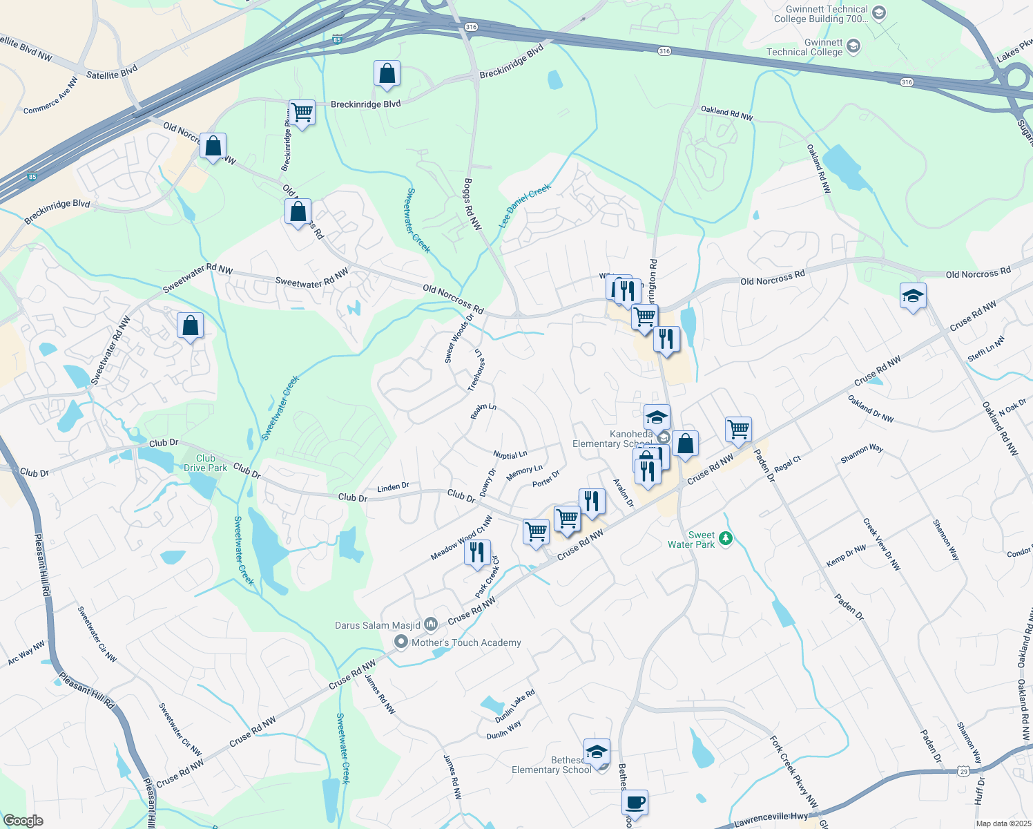 map of restaurants, bars, coffee shops, grocery stores, and more near 1129 Realm Ln in Lawrenceville