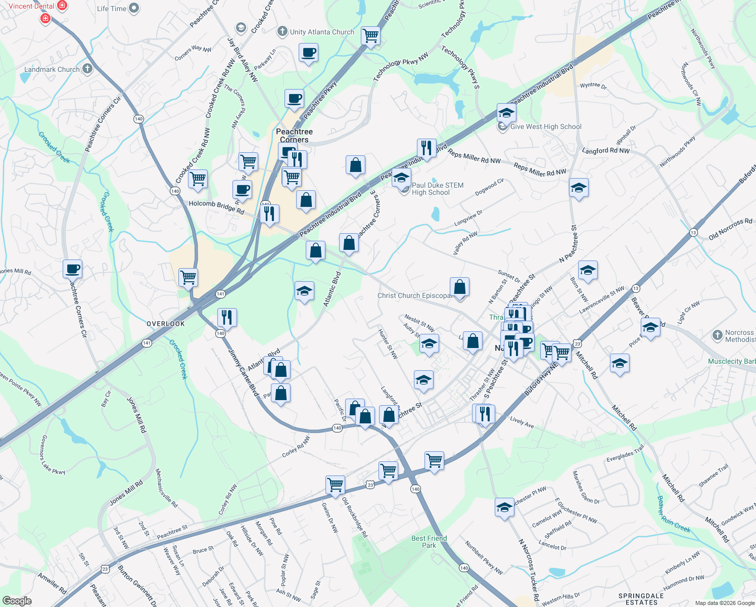 map of restaurants, bars, coffee shops, grocery stores, and more near Olde Town Park Drive in Norcross
