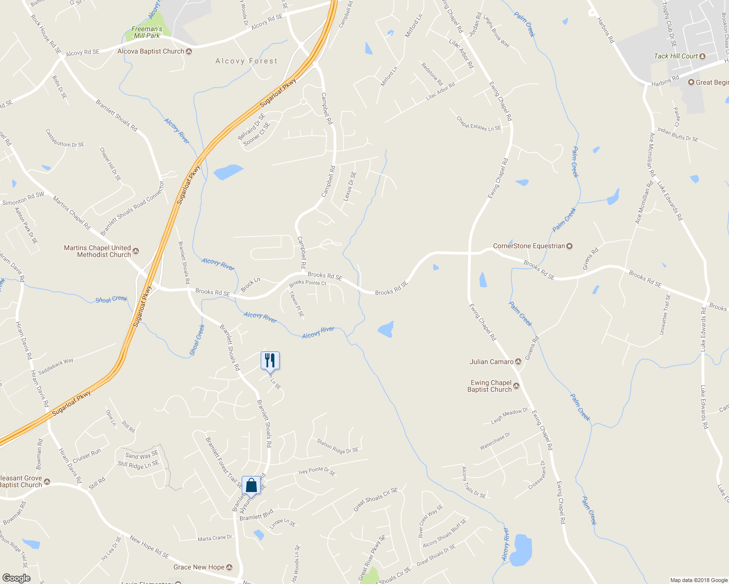map of restaurants, bars, coffee shops, grocery stores, and more near 1591 Brooks Road Southeast in Dacula