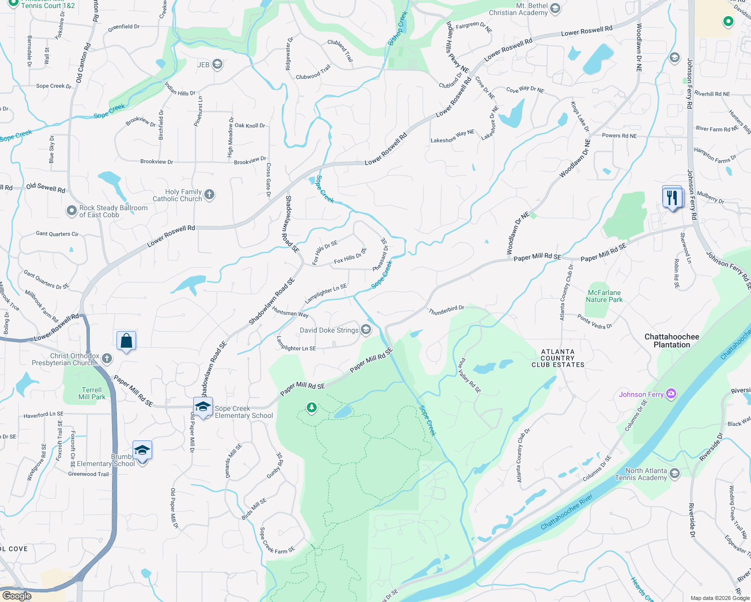 map of restaurants, bars, coffee shops, grocery stores, and more near 4035 River Ridge Chase in Marietta
