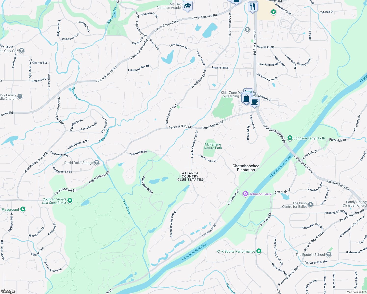 map of restaurants, bars, coffee shops, grocery stores, and more near 311 Rolling Rock Rd in Marietta
