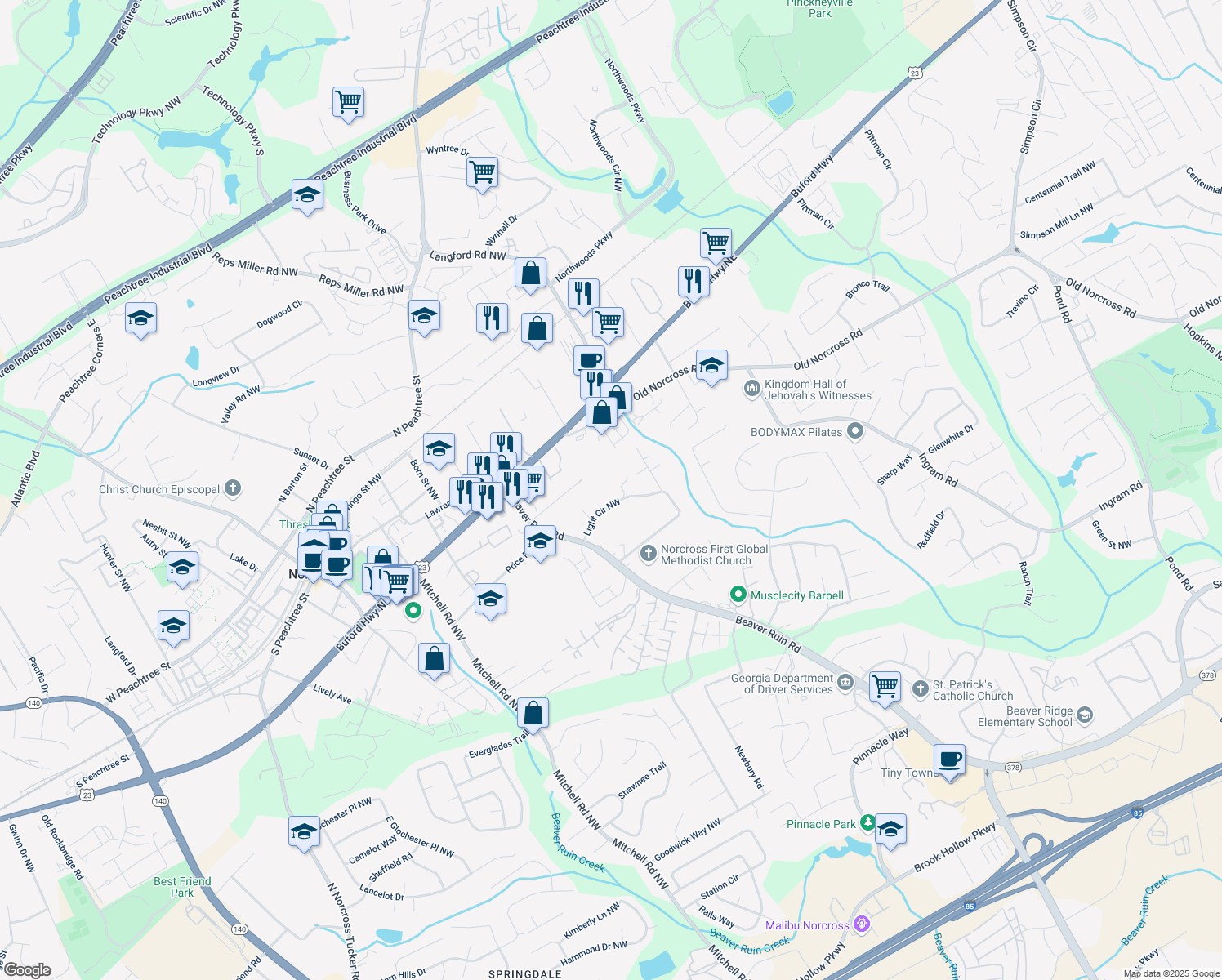map of restaurants, bars, coffee shops, grocery stores, and more near 5346 Light Circle Northwest in Norcross